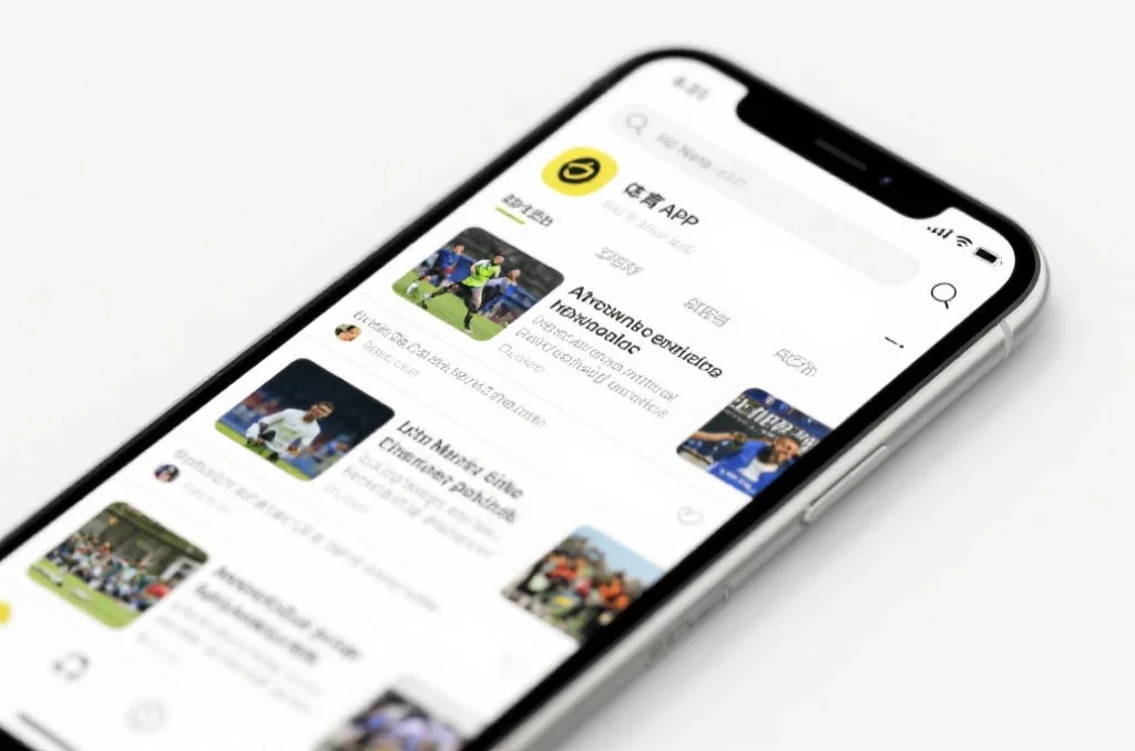 一个现代化移动设备屏幕正显示体育APP的新闻资讯界面，界面上有多条新闻标题和一篇文章的精选图片，背景简洁明亮