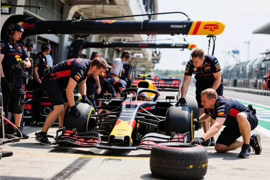 车队技师在维修区快速更换F1赛车轮胎，画面紧张而有序