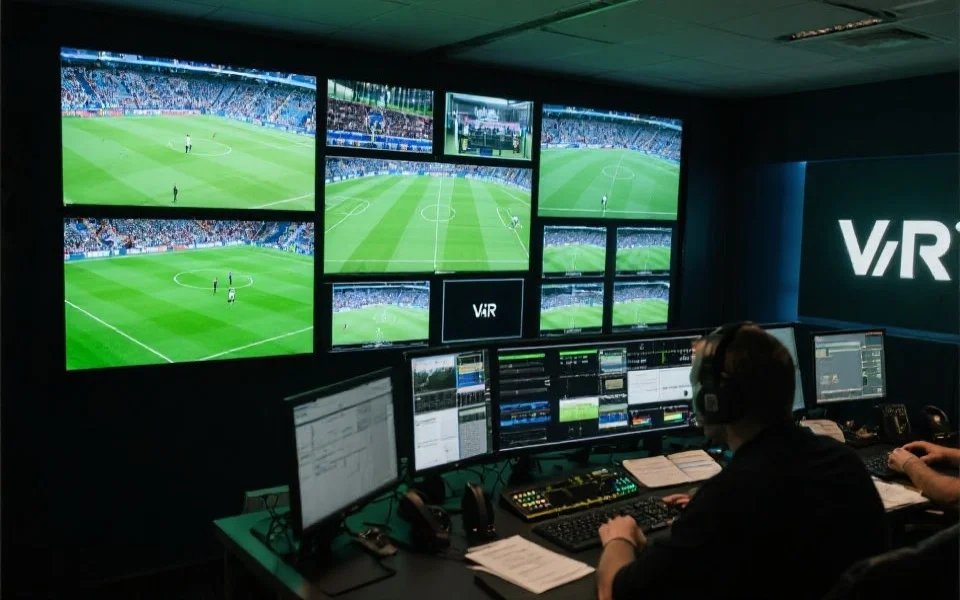 现代足球比赛中VAR系统操作室，技术人员紧张工作，屏幕上显示多个比赛画面