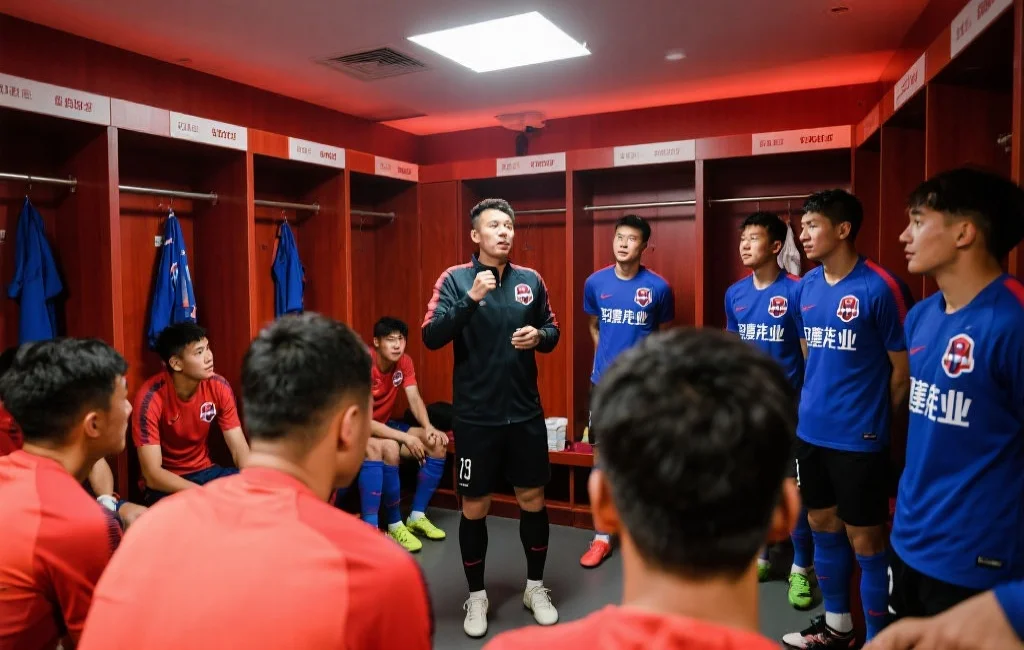 足球队更衣室内，队长在赛前对队员们发表激励讲话，球员们专注聆听，氛围热烈而团结