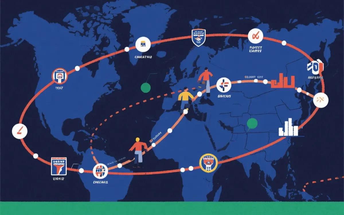 世界杯小组赛旅行路线概念图：球队在北美不同城市间移动，体现距离与时区差异